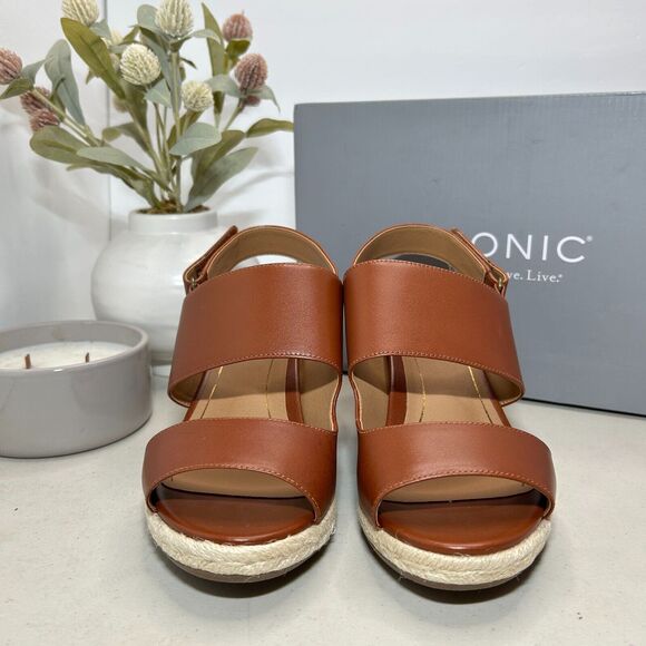 Vionic Tulum Brooke Leather Wedge Espadrille Sandals Cognac Women's US 8 NWB - Picture 2 of 11